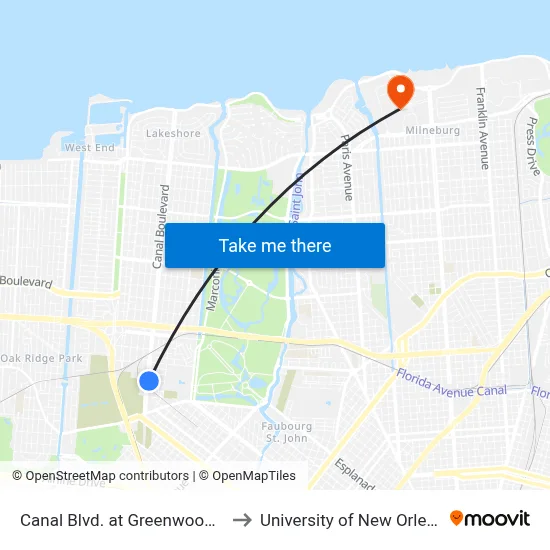 Canal Blvd. at Greenwood Dr. to University of New Orleans map