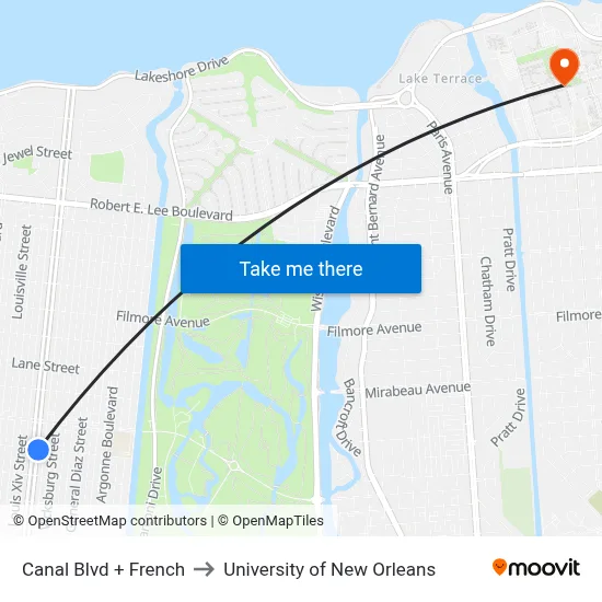 Canal Blvd + French to University of New Orleans map