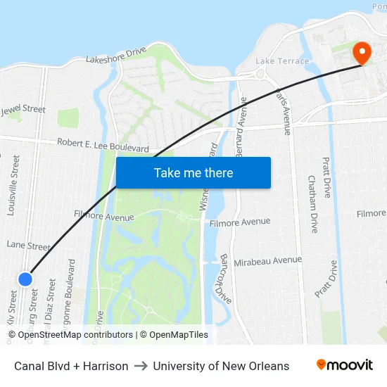 Canal Blvd + Harrison to University of New Orleans map
