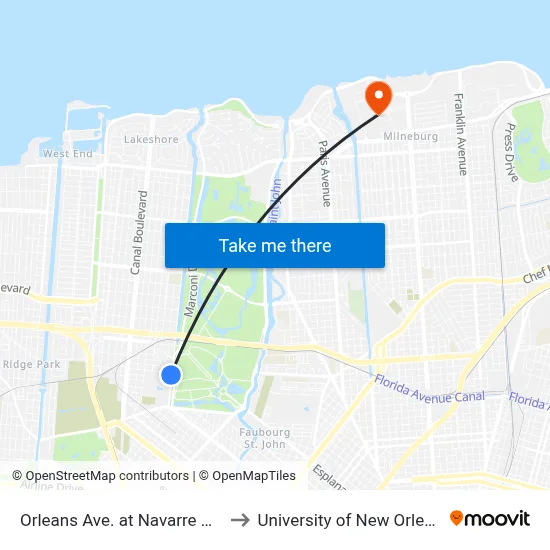 Orleans Ave. at Navarre Ave. to University of New Orleans map