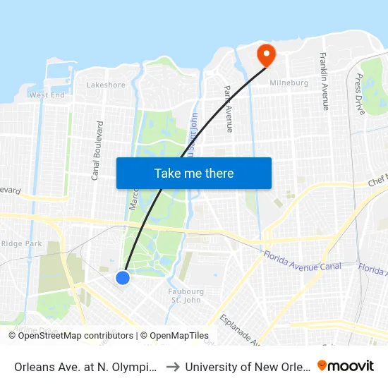 Orleans Ave. at N. Olympia St. to University of New Orleans map