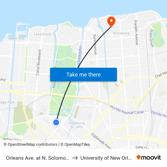 Orleans Ave. at N. Solomon Pl. to University of New Orleans map