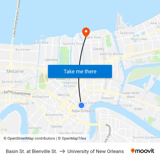 Basin St. at Bienville St. to University of New Orleans map