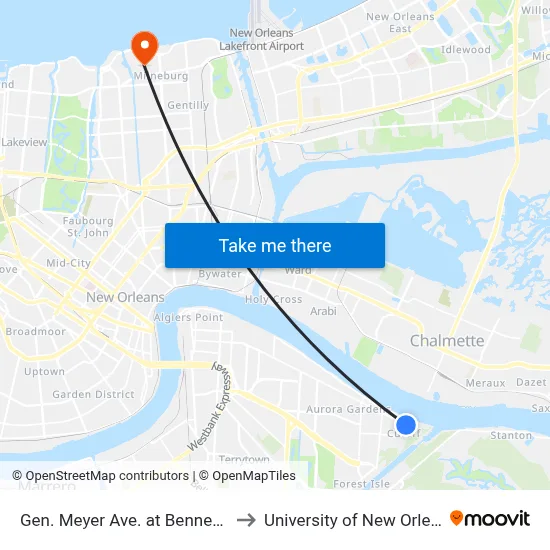 Gen. Meyer Ave. at Bennett St. to University of New Orleans map