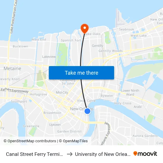 Canal Street Ferry Terminal to University of New Orleans map