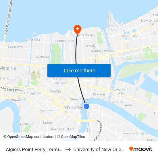 Algiers Point Ferry Terminal to University of New Orleans map