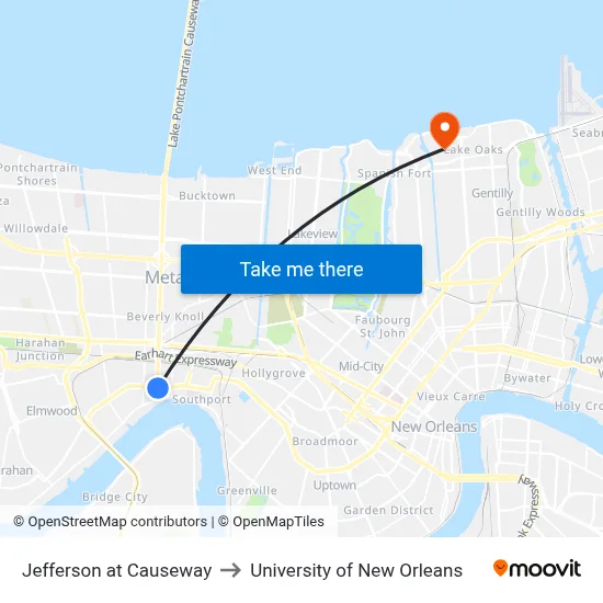 Jefferson at Causeway to University of New Orleans map