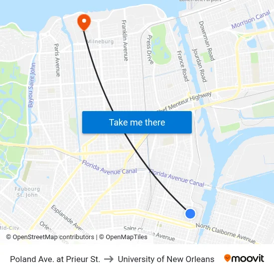 Poland Ave. at Prieur St. to University of New Orleans map