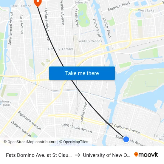 Fats Domino Ave. at St Claude Ave. to University of New Orleans map