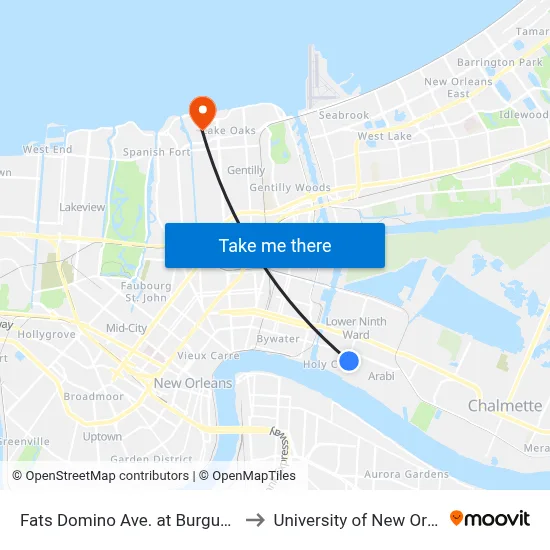 Fats Domino Ave. at Burgundy St. to University of New Orleans map