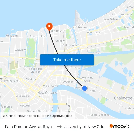 Fats Domino Ave. at Royal St. to University of New Orleans map
