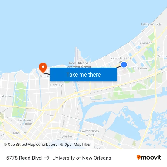 5778 Read Blvd to University of New Orleans map