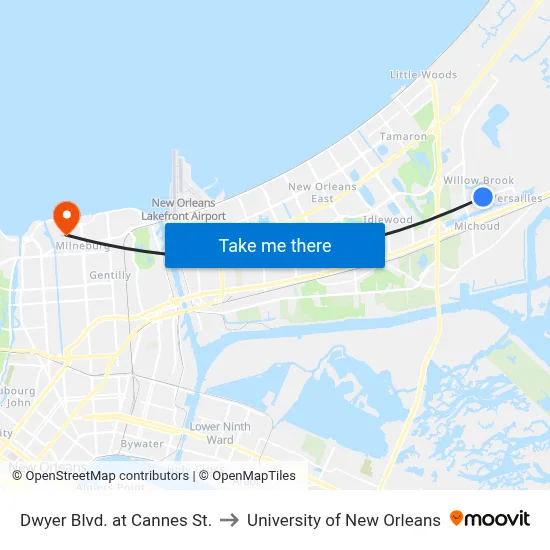 Dwyer Blvd. at Cannes St. to University of New Orleans map