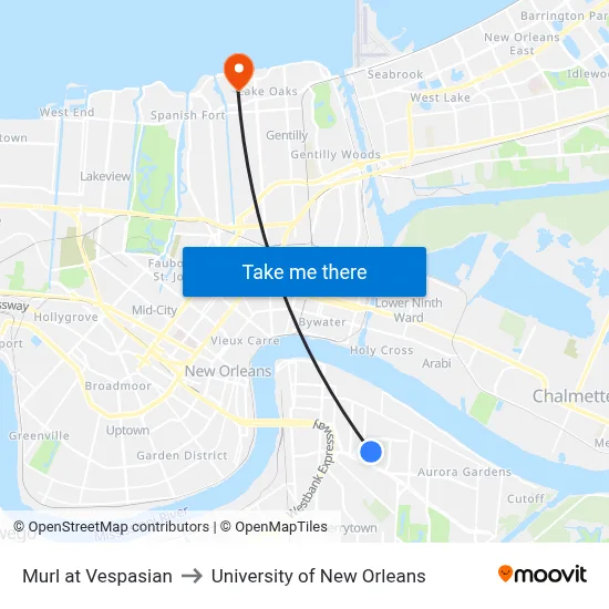 Murl at Vespasian to University of New Orleans map