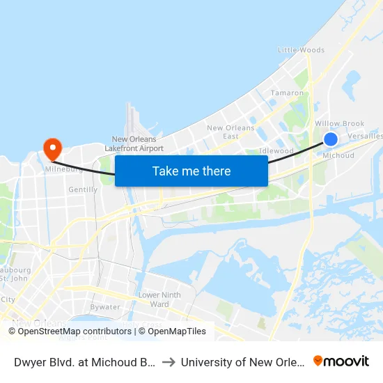 Dwyer Blvd. at Michoud Blvd. to University of New Orleans map