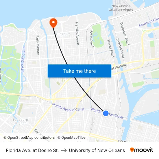 Florida Ave. at Desire St. to University of New Orleans map