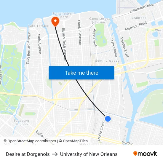 Desire at Dorgenois to University of New Orleans map