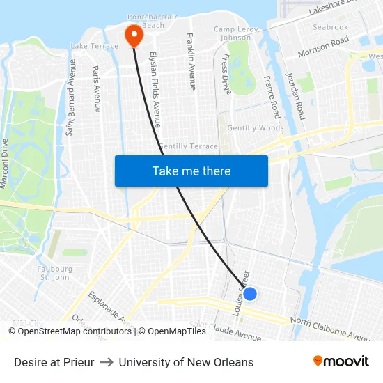 Desire at Prieur to University of New Orleans map