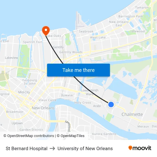 St Bernard Hospital to University of New Orleans map