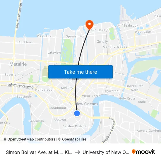 Simon Bolivar Ave. at M.L. King Blvd. to University of New Orleans map