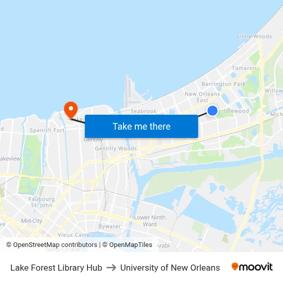 Lake Forest Library Hub to University of New Orleans map
