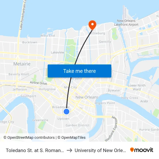 Toledano St. at S. Roman St. to University of New Orleans map