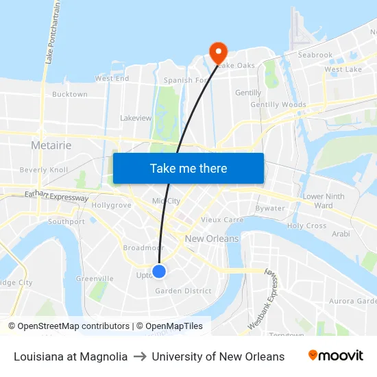 Louisiana at Magnolia to University of New Orleans map