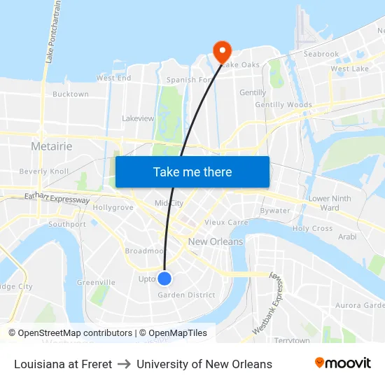 Louisiana at Freret to University of New Orleans map