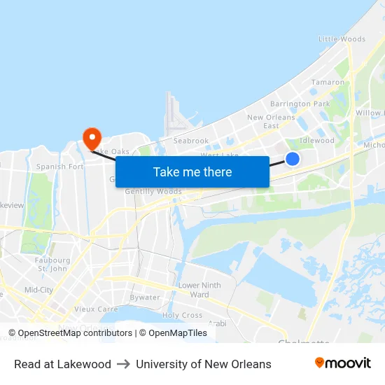 Read at Lakewood to University of New Orleans map