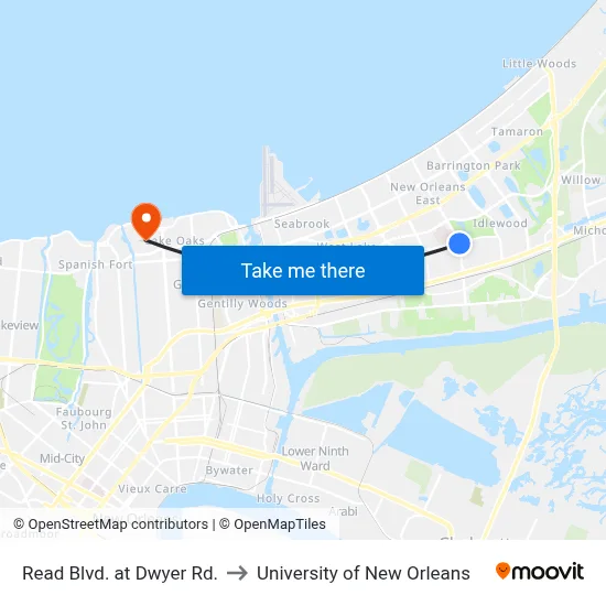 Read Blvd. at Dwyer Rd. to University of New Orleans map