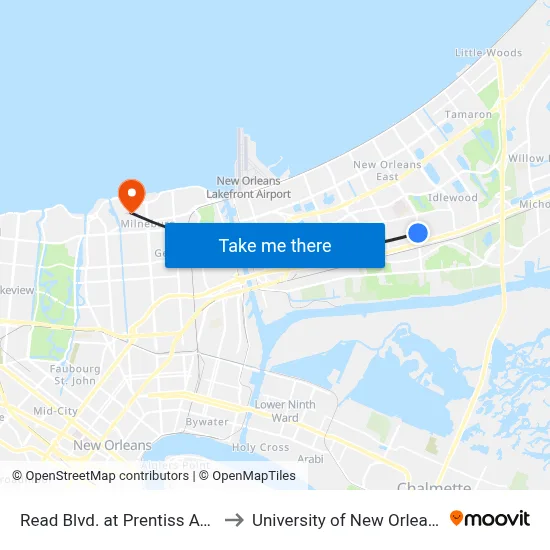Read Blvd. at Prentiss Ave. to University of New Orleans map
