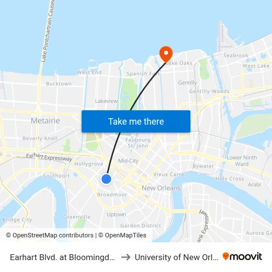 Earhart Blvd. at Bloomingdale Ct. to University of New Orleans map