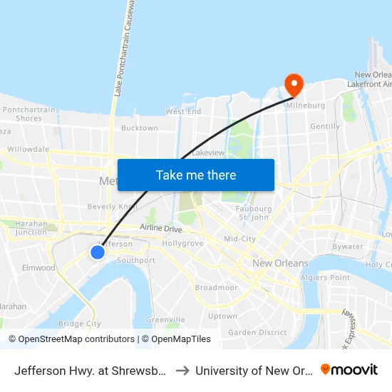 Jefferson Hwy. at Shrewsbury Rd. to University of New Orleans map