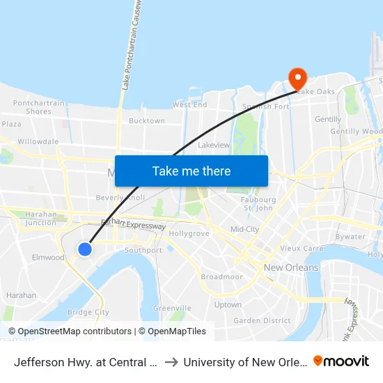 Jefferson Hwy. at Central Ave. to University of New Orleans map