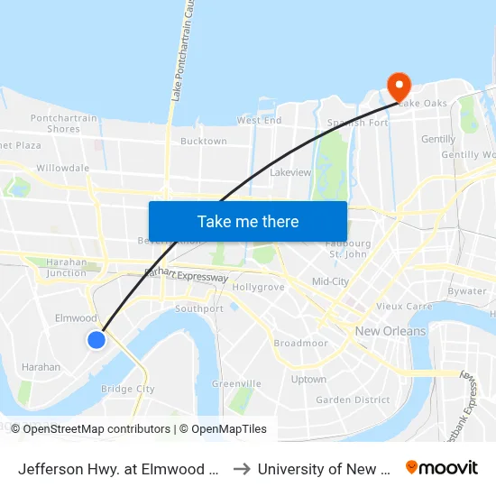 Jefferson Hwy. at Elmwood Park Blvd. to University of New Orleans map