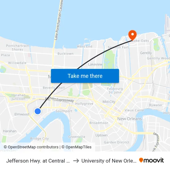 Jefferson Hwy. at Central Ave. to University of New Orleans map