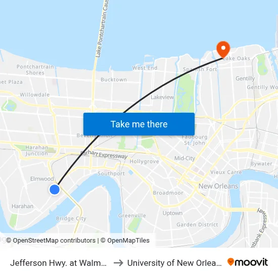 Jefferson Hwy. at Walmart to University of New Orleans map