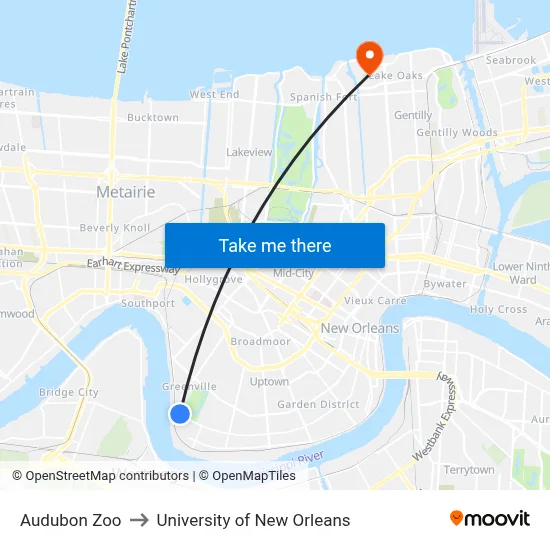 Audubon Zoo to University of New Orleans map