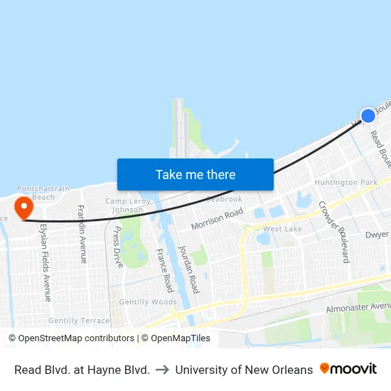 Read Blvd. at Hayne Blvd. to University of New Orleans map