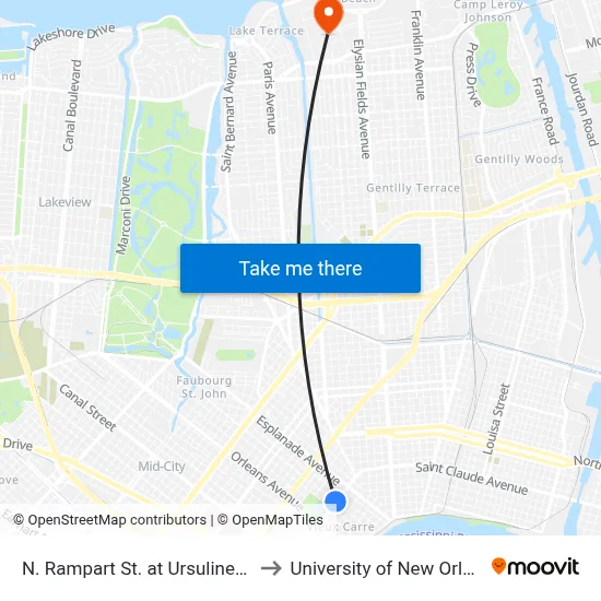 N. Rampart St. at Ursuline Ave. to University of New Orleans map