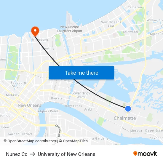 Nunez Cc to University of New Orleans map
