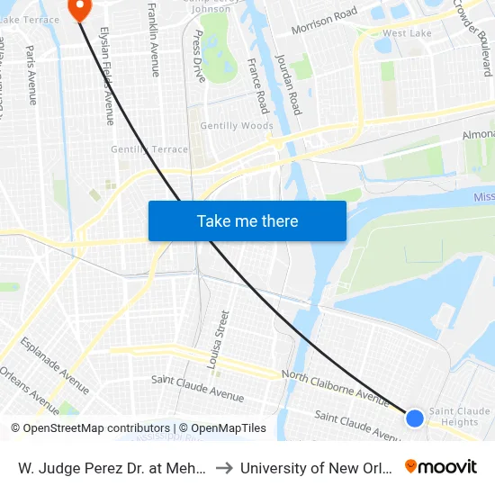W. Judge Perez Dr. at Mehle St. to University of New Orleans map