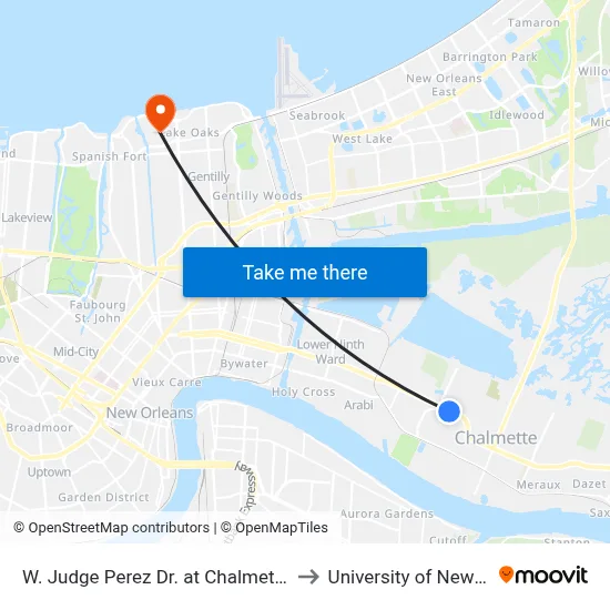 W. Judge Perez Dr. at Chalmette Retail Ctr. to University of New Orleans map