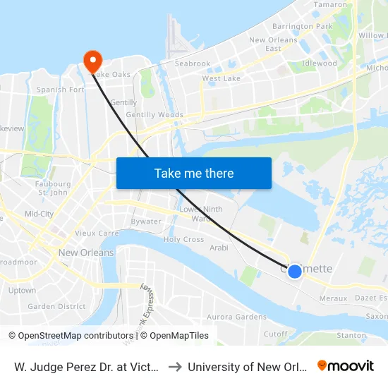 W. Judge Perez Dr. at Victor St. to University of New Orleans map