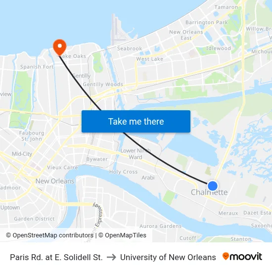 Paris Rd. at E. Solidell St. to University of New Orleans map