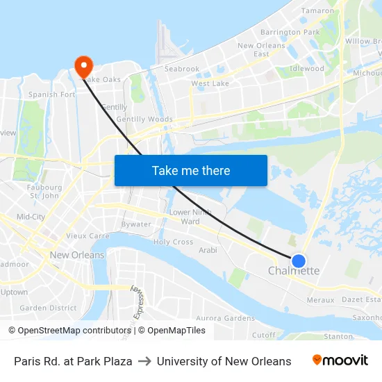 Paris Rd. at Park Plaza to University of New Orleans map