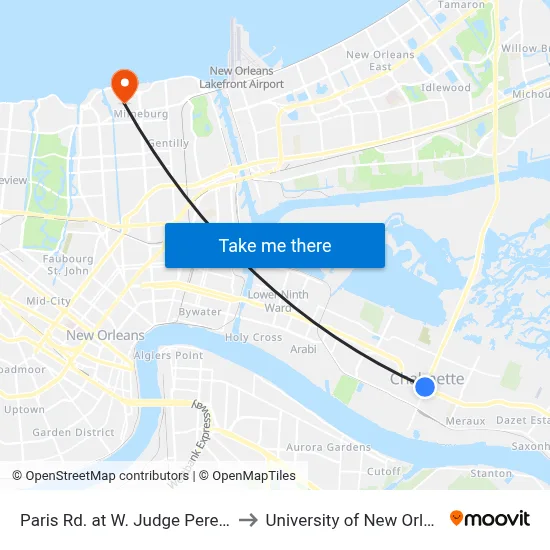 Paris Rd. at W. Judge Perez Dr. to University of New Orleans map