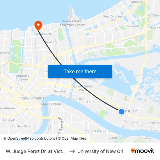 W. Judge Perez Dr. at Victor St. to University of New Orleans map