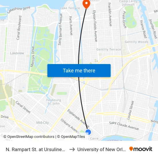 N. Rampart St. at Ursulines Ave. to University of New Orleans map