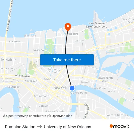 Dumaine Station to University of New Orleans map